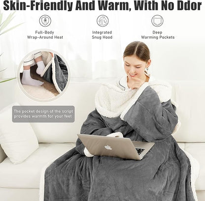 Wearable Heated Blanket with Foot Pocket & Hood, Electric Snuggle Blankets with Sleeves, 6 Heating Levels & 1-4H Auto Shut-Off, Machine Washable, Housewarming & Gift, 50 * 70"+16", Dark Gray