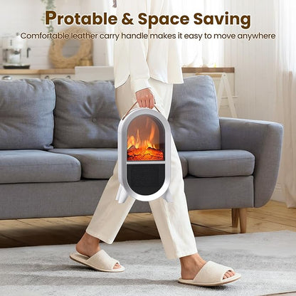 Portable Electric Fireplace Heater, 1500W/750W Mini Space Heater for Indoor Use with 3D Flame, Thermostat, Carry Handle, Overheat & Tipover Protection, for Home Office Bedroom Desk, White
