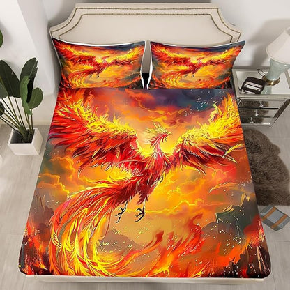Manfei Phoenix Kids Sheet Twin Size,Burning Cloud Sky Romantic Bedding Set,Boys Girls Room Decor,Firebird Animal Flying Wildlife Orange Yellow Bed Sheet Set 3pcs(Fitted + Flat + 1 Pillowcase)