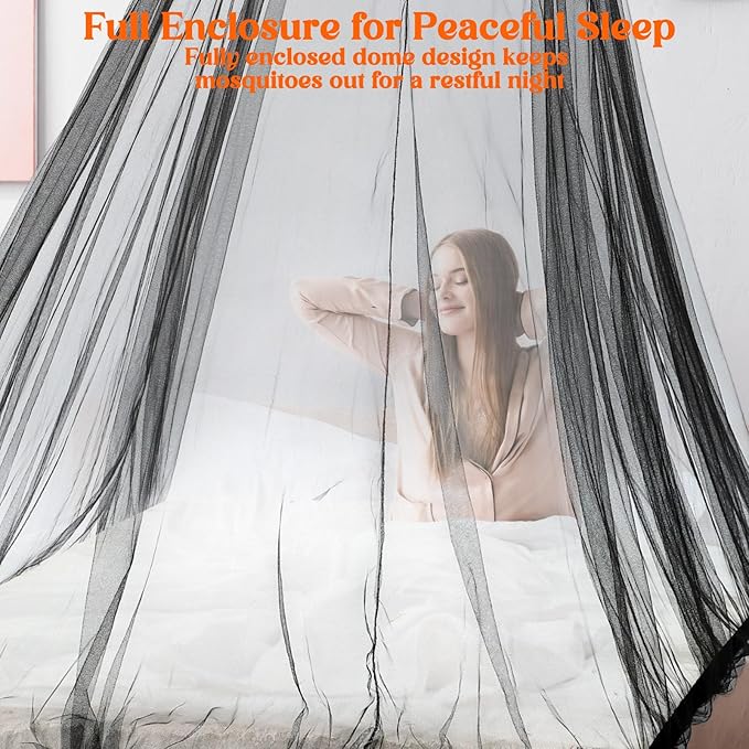 Fully Enclosed Mosquito Net Round Dome Canopy for King-Sized Beds No Opening Conical Design Bed Canopy for Insect Protection Easy Installation with Hanging Kit & Adhesive Ceiling Hook (Black)