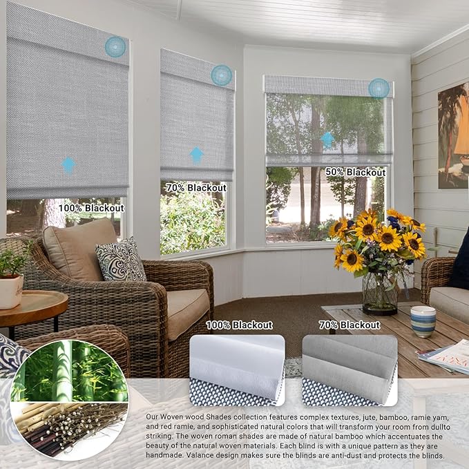 SmartWings Motorized Natural Woven Wood Shades for Windows, Electric Roman Shades with Remote for Sliding Doors, Work with Matter Homekit Zigbee Alexa Z-Wave Google Home, Customized, Bamboo 723