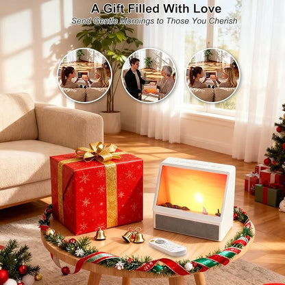 Sunrise Alarm Clock for Bedrooms, White Noise Machine Creative Simulated Sunrise Animation with 7 Modes, 12 Natural Sounds, Music Speaker & Remote, Wake Up Light Sunset Lamp Gifts for Heavy Sleepers