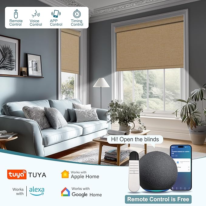 BERISSA Motorized Blinds with Remote,Blackout Smart Roller Shades with App,Voice Control,Linen Fabric,Thermal Insulated Automatic Blinds,Electric Shades with USB/Solar Pannel.Linen Beige