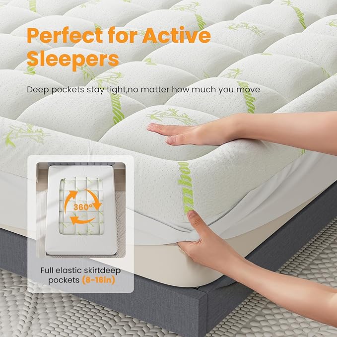 NEWBULIG King Mattress Topper, Bamboo Viscose Pillow Top with Stretchable Skirt, Soft & Supportive Mattress Pad for Back Pain Relief