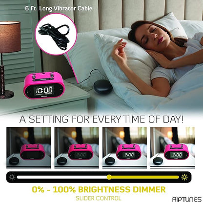 Riptunes Loud Alarm Clock with Bed Shaker for Heavy Sleepers & Hearing Impaired - Dual Alarm for Bedroom Weekday and Weekend Settings USB Charging, Dimmer, Snooze