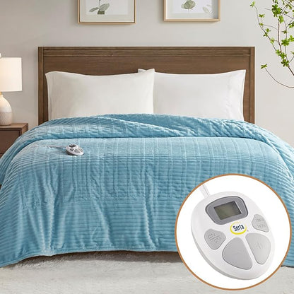Serta Electric Blanket, Soft, Ribbed, Plush Heating Blanket Twin for Office, Couch, 1-12 hr Auto Shut Off Timer, 10 Lv Heating, ETL Certified, Twin 62"x84" Sky Blue