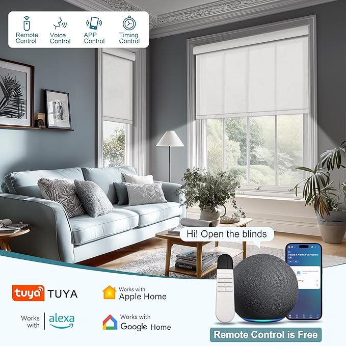 Motorized Blinds with Remote,Light Filtering Smart Roller Shades with App,Voice Control,See-through Fabric,Thermal Insulated Automatic Blinds,Electric Shades with USB/Solar Pannel.Solar White