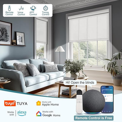 Motorized Blinds with Remote,Light Filtering Smart Roller Shades with App,Voice Control,See-through Fabric,Thermal Insulated Automatic Blinds,Electric Shades with USB/Solar Pannel.Solar White