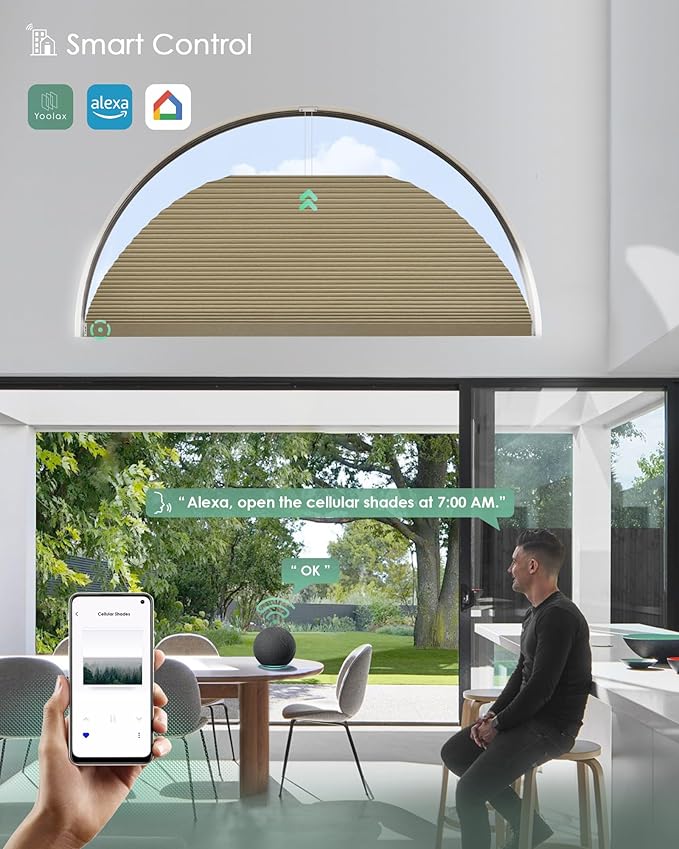 Yoolax Smart Cellular Shades, Motorized Arch Window Honeycomb Blinds Motorized Blinds with Remote Compatible with Alexa, Customized Arched Cellular Shades (Blackout Light Coffee)