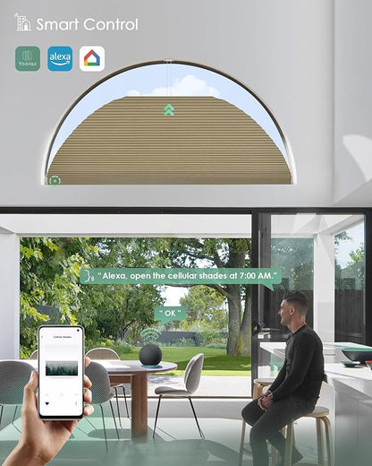 Yoolax Smart Cellular Shades, Motorized Arch Window Honeycomb Blinds Motorized Blinds with Remote Compatible with Alexa, Customized Arched Cellular Shades (Blackout Light Coffee)