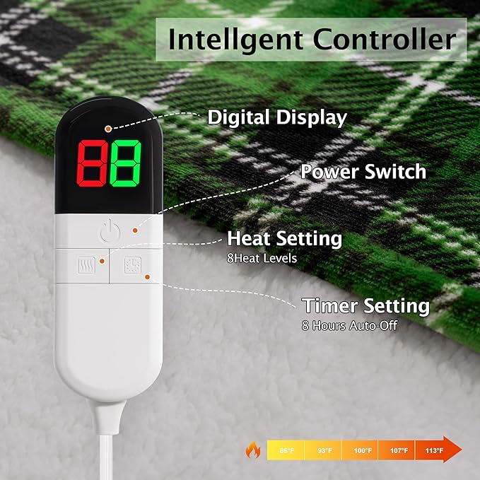 Green Christmas Electric Heated Blanket 62"x84", Fast Heating Twin with 8 Hours Auto Off/8 Heats Levels,Soft Plaid Sherpa with ETL Certification,Gift for Women Adults Keep Warm in Home Office