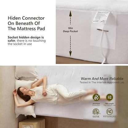 Heated Quilted Wave Mattress Pad,Queen Size Dual Control,Soft Bed Warmer,10 Heat Settings,1-12 Hours Auto-Off,Fast Heating,ETL Certified,Machine Washable,Fit Up to 18" Deep Pocket,60"x80"