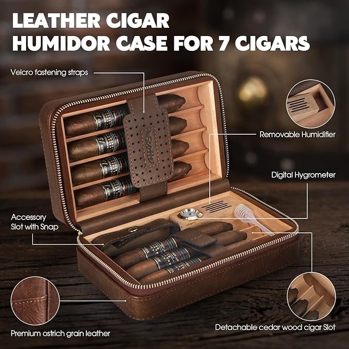 Scotte Cigar Humidor Box, Cigar Lighter Cedar Wood Lined Leather Cigar Case Built in Hygrometer & Humidifier, Torch Lighter with Cigar Holder Cigar Punch Portable Travel Cigar Humidor (Smooth Brown)