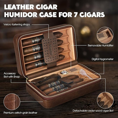 Scotte Cigar Humidor Box, Cigar Lighter Cedar Wood Lined Leather Cigar Case Built in Hygrometer & Humidifier, Torch Lighter with Cigar Holder Cigar Punch Portable Travel Cigar Humidor (Smooth Brown)