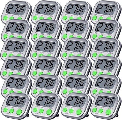 Leumoi 24 Pcs Digital Kitchen Timers Magnetic Back Timers Bulk Large Screen Loud Alarm On/Off Switch Minute Second Count up Countdown Memory Setting for Cooking Classroom Exercise (Sliver and Green)