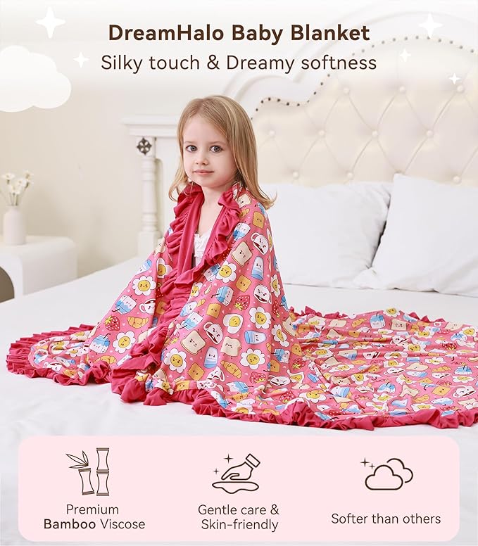 Premium Baby Blankets, Soft Viscose from Bamboo Blanket for Girls, Nursery Crib Bedding Quilt for Newborn and Toddler, Ruffle Blanket Cooling for Hot Sleepers, 50''x50'' Pink Breakfast