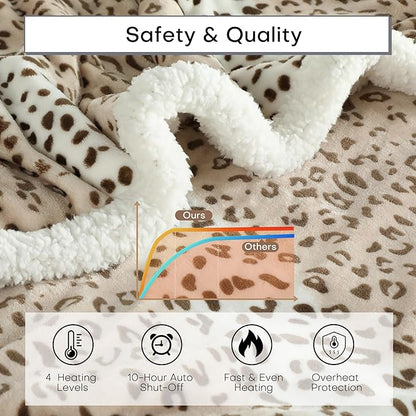 Electric Heated Blanket 72"x84" Full Size Microplush & Sherpa Fabric Heated Blanket, Fast Heating, 4 Heat Settings & 10 Hours Auto Off, Machine Washable - Beige Leopard Print