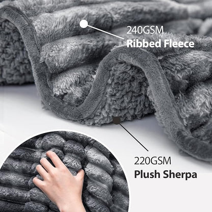 Sherpa Fleece Weighted Blanket with 3D Ribbed Stripes, 15 lbs Soft Flannel Heavy Throw Blanket for Couch Full Size Bed, Heavy Thick Blankets with Glass Beads, Great for Deep Sleep, 60" x 80"
