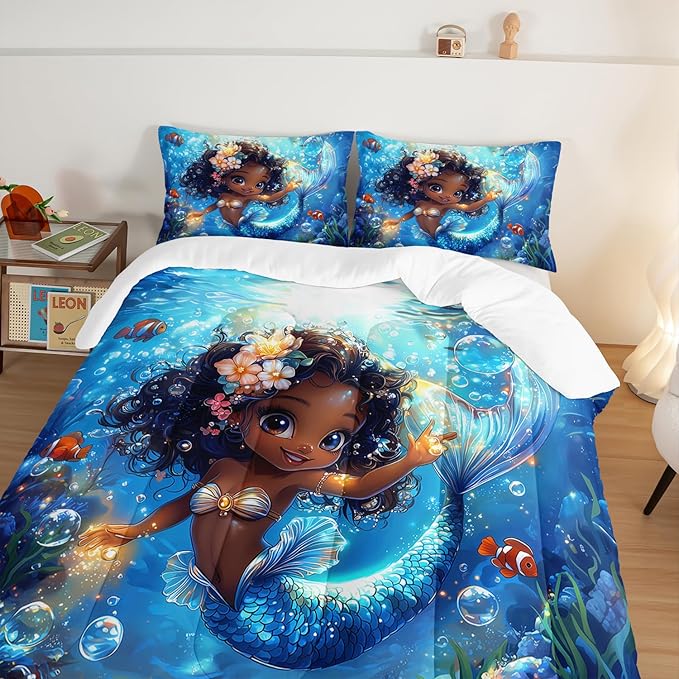 Black Little Mermaid Pattern Twin Comforter Set,Underwater World Ocean Themed Bedding Sets for Kids Toddlers Girls Boys Room Decor,Princess Bedding with 2 Pillowcases.