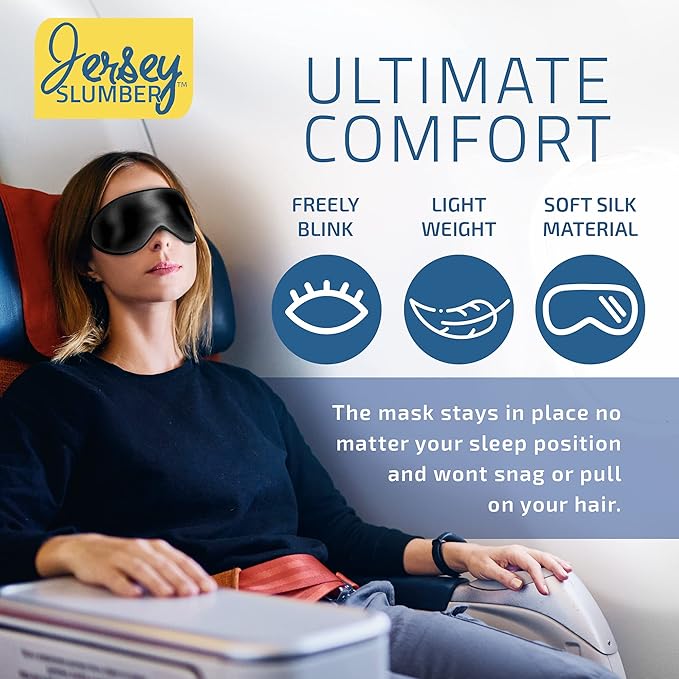 Silk Sleep Eye Mask for Men Women, Comfortable Super Soft Eye Mask with Adjustable Strap, 100% Pure Silk, Blocks Light, Jersey Slumber (Black, 1 Count (Pack of 2))