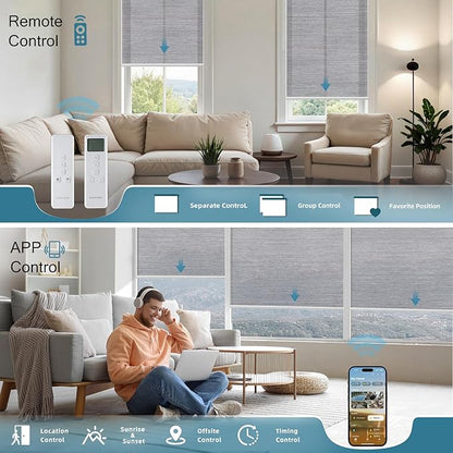 Motorized Shades Light Filtering Blinds,50% Blackout Smart Shade Work with Remote Alexa,Google Home,Custom Size,Sunscreen PVC Free Silver
