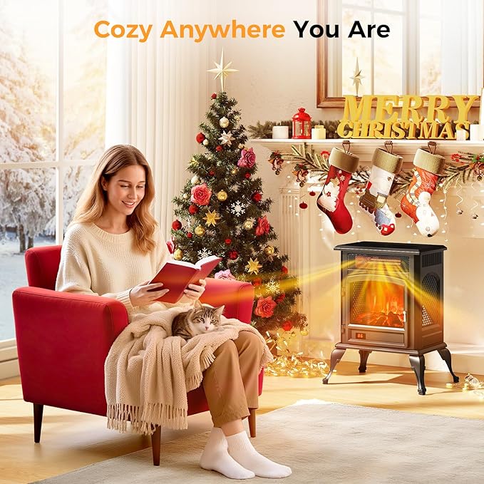 Electric Fireplace Stove Heater - Freestanding Electric Fireplace Heater with 3D Flame Effect, 1500W Infrared Electric Stove Heater for Indoor Use with Thermostat, Tip-Over&Overheat Protection