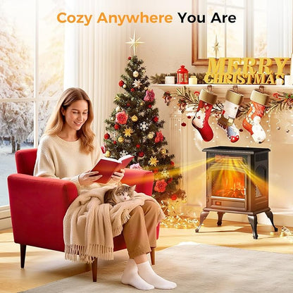 Electric Fireplace Stove Heater - Freestanding Electric Fireplace Heater with 3D Flame Effect, 1500W Infrared Electric Stove Heater for Indoor Use with Thermostat, Tip-Over&Overheat Protection