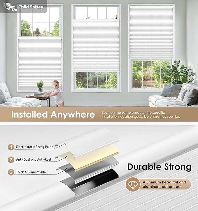 LazBlinds No Tools No Drill Cordless Cellular Shades, Light Filtering Honeycomb Shades for Home, Thermal Insulation Blinds for Windows, 34" W x 72" H, White