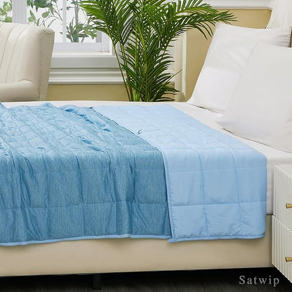 Satwip Cooling Weighted Blanket 15 lbs Cool Moire Jersey Bed Blanket Twin Size for Hot Sleeper with Soft Breathable Sanded, 48 x 72 inches, Blue