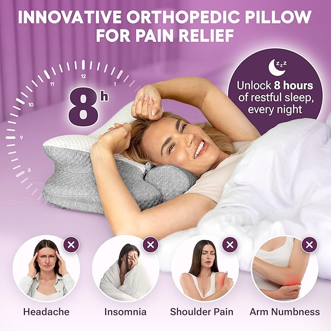 Cervical Neck Pillow for Sleeping, Dreamers Relief Pillow, Side Sleeper Pillow for Adults, Adjustable Height Memory Foam Pillow and Detachable Roll, Back & Stomach Sleeping Neck Pain Relief (White)