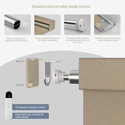 Boolegon Motorized Roller Blinds with Remote Control, Blackout Linen Fabric-Matched Automatic Roller Shades for Windows, Rechargeable Electric Window Shades for Home, Office, Beige, Custom Now