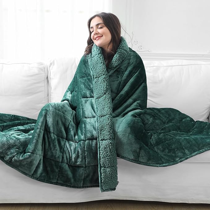 Aemicion Fleece Sherpa Twin Weighted Blanket 15lbs for Adults, Fluffy Soft Warm 48 x 72in Weighted Blanket, Throw Blanket as Birthday Gifts for Teens Women Man Mom-Green