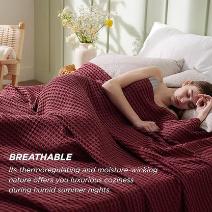 Bedsure Cooling Cotton Waffle Queen Size Blanket - Lightweight Breathable Blanket of Rayon Derived from Bamboo for Hot Sleepers, Luxury Throws for Bed, Couch and Sofa, Dark Red, 90x90 Inches