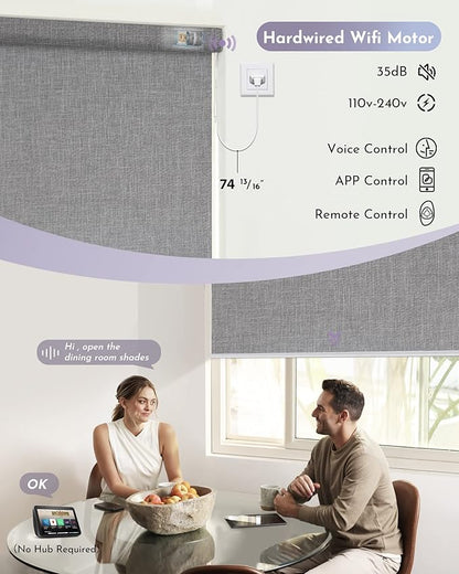 Graywind Motorized Shades 100% Blackout Compatible with Alexa Google WiFi Smart Hardwired Window Shade Remote Control Thermal Insulated Electric Blinds, Customized Size (Light Gray)