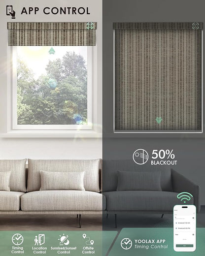 Yoolax Motorized Blinds with Remote, Light Filtering Smart Blinds Compatible with Alexa Google Home, Automatic Shades for Windows Living Room, Custom Size (50% Blackout V-Jungle Brown)