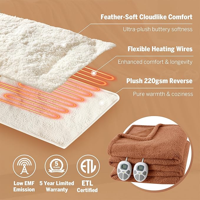 Serta Heated Blanket, Electric King Size Blanket, Soft, Warm, Fuzzy Heating Blanket King for Office, Couch, 1-12 hr Auto Shut Off Timer, 10 Lv Heat Setting, ETL Certified, King 100" x 90" Rust