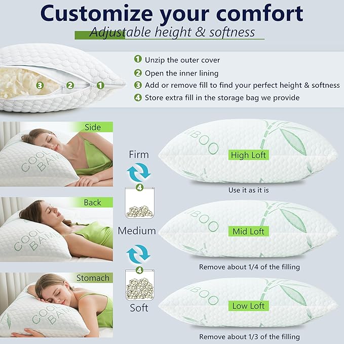 Shredded Memory Foam Pillow, Cooling Pillow King Size 1 Pack Adjustable Firm Bamboo Bed Pillow for Hot, Side, Back and Stomach Sleepers