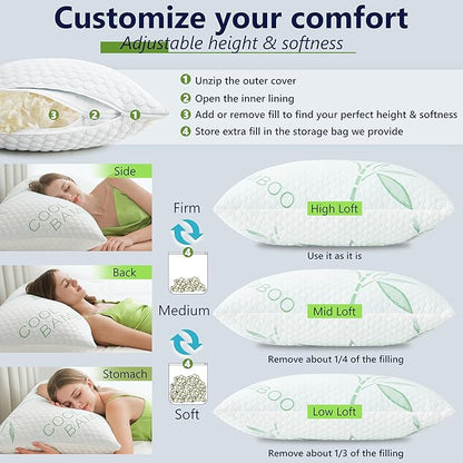 Shredded Memory Foam Pillows, Cooling Pillows Queen Size Set of 2 Adjustable Firm Bamboo Bed Pillows for Hot, Side, Back and Stomach Sleepers