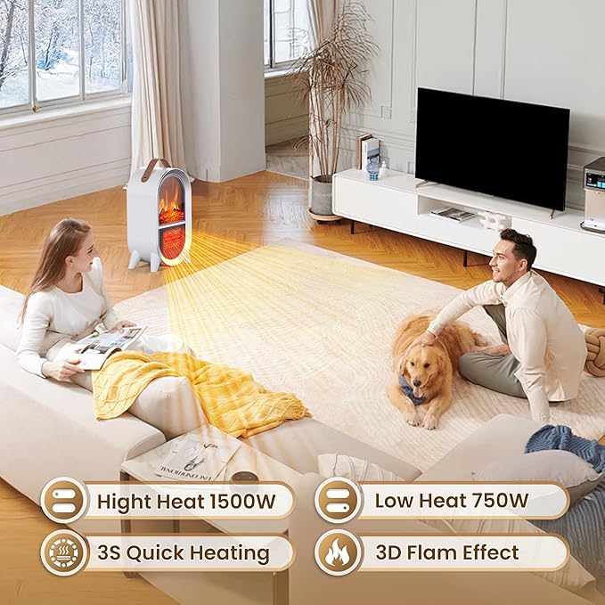 Portable Electric Fireplace Heater, 1500W/750W Mini Space Heater for Indoor Use with 3D Flame, Thermostat, Carry Handle, Overheat & Tipover Protection, for Home Office Bedroom Desk, White