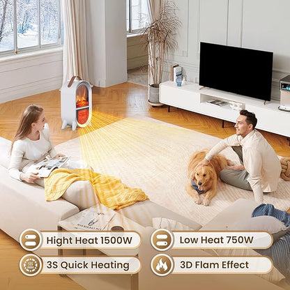 Portable Electric Fireplace Heater, 1500W/750W Mini Space Heater for Indoor Use with 3D Flame, Thermostat, Carry Handle, Overheat & Tipover Protection, for Home Office Bedroom Desk, White