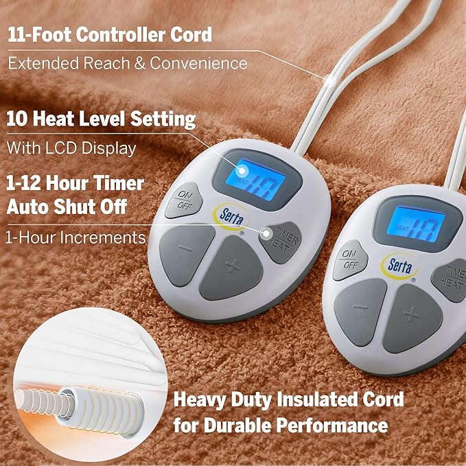 Serta Heated Blanket, Electric King Size Blanket, Soft, Warm, Fuzzy Heating Blanket King for Office, Couch, 1-12 hr Auto Shut Off Timer, 10 Lv Heat Setting, ETL Certified, King 100" x 90" Rust