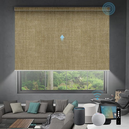 SmartWings Motorized Roller Shades Work with Homekit, 100% Blackout Smart Blinds for Windows, Cordless Remote Control Window Shades, Vigor Wheat, Customized Size