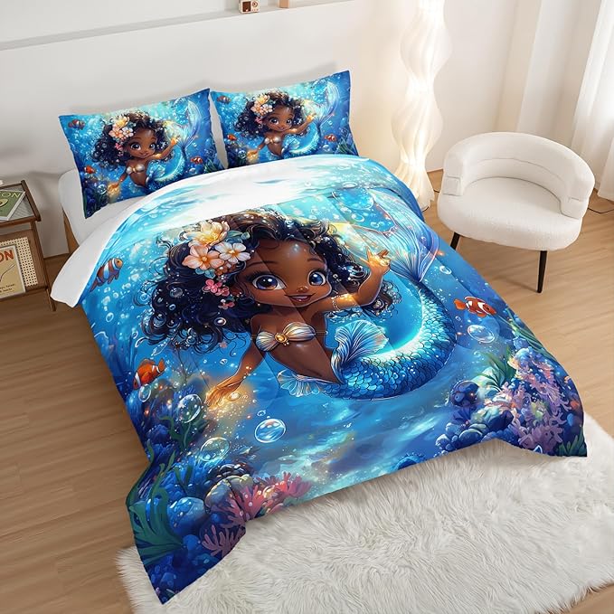 Black Little Mermaid Pattern Twin Comforter Set,Underwater World Ocean Themed Bedding Sets for Kids Toddlers Girls Boys Room Decor,Princess Bedding with 2 Pillowcases.