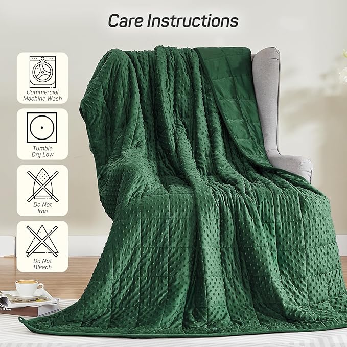 Weighted Blanket for Adults Queen Size 15 lbs, Soft Minky Dot Cozy Heavy Blanket for Sleep, Reversible Breathable Warm Blanket with Glass Beads, Dark Green 60 x 80 inches