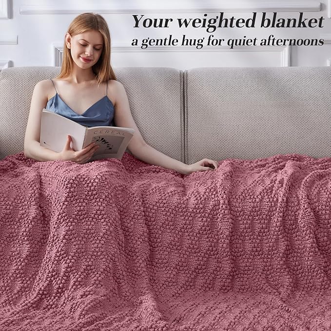 Knitted Weighted Blanket for Adult, Chunky Knit Weighted Throw for Sleep 80"*87" 20lbs, Cooling Breathable Machine Washable Heavy Blanket for Room Decor (Pink, King)