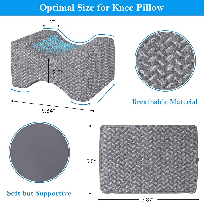 BlissTrends Memory Foam Knee Pillow, Knee Pillow for Side Sleepers, Leg Pillows for Sleeping Blood Circulation, Elevation Pillow for Spine Aligning, Sciatica, Hip, Knee, Ankle Pain, Grey, Medium