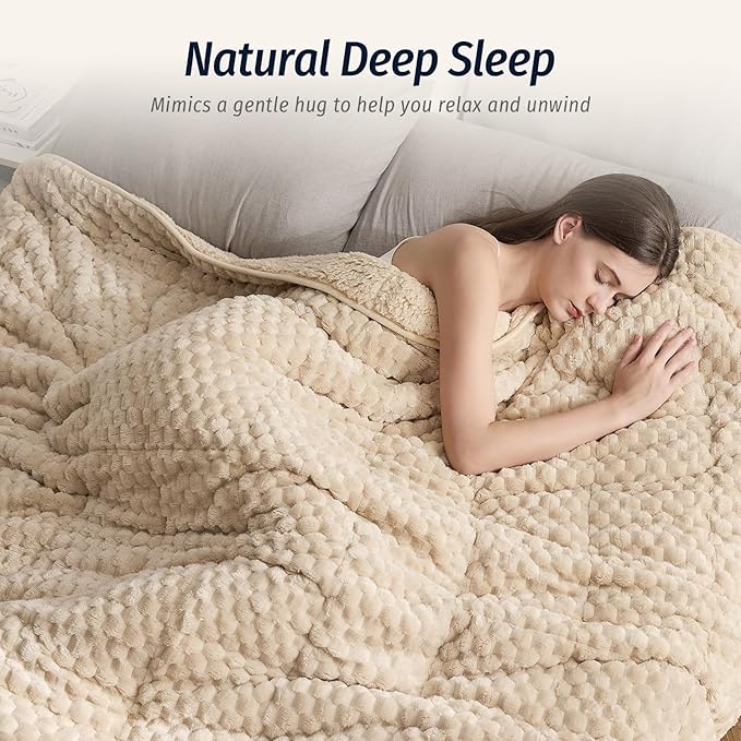 Wemore Fleece Weighted Blanket for Adults (60" x 80" 15lbs, Khaki), Dual Sided Cozy Soft Sherpa Heavy Blanket, 3D Imitation Turtle Shell Warm Jacquard Flannel Weighted Blankets for Couch and Bed