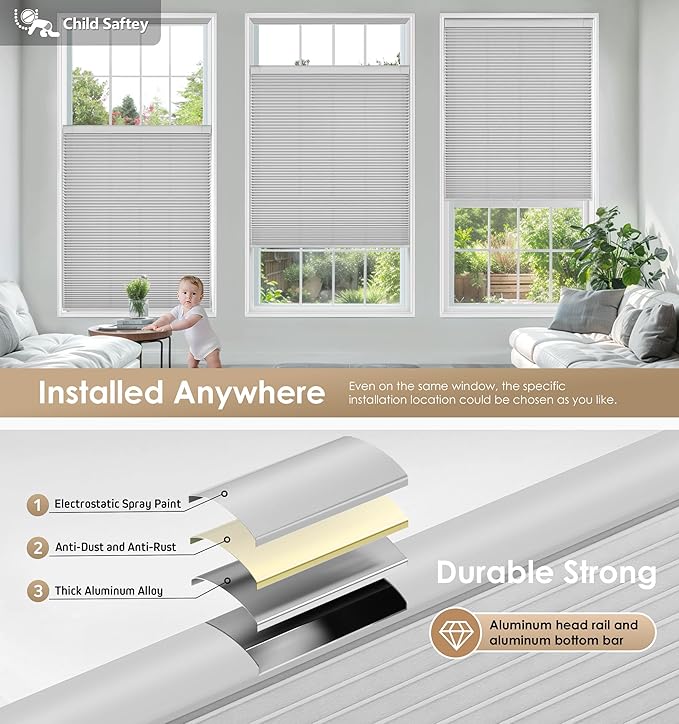 LazBlinds No Tools No Drill Cordless Cellular Shades, Light Filtering Honeycomb Shades for Home, Thermal Insulation Blinds for Windows, 43" W x 48" H, Grey