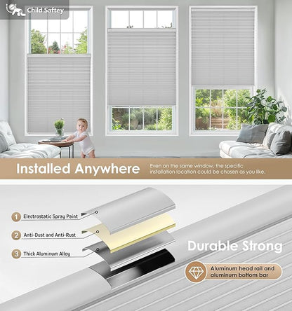 LazBlinds No Tools No Drill Cordless Cellular Shades, Light Filtering Honeycomb Shades for Home, Thermal Insulation Blinds for Windows, 27" W x 64" H, Grey