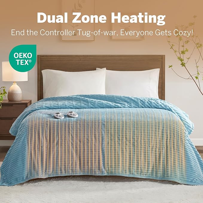 Serta Electric Blanket, Soft, Ribbed, Plush Heating Blanket King for Office, Couch, 1-12 hr Auto Shut Off Timer, 10 Lv Heating, ETL Certified, King 100"x90" Sky Blue